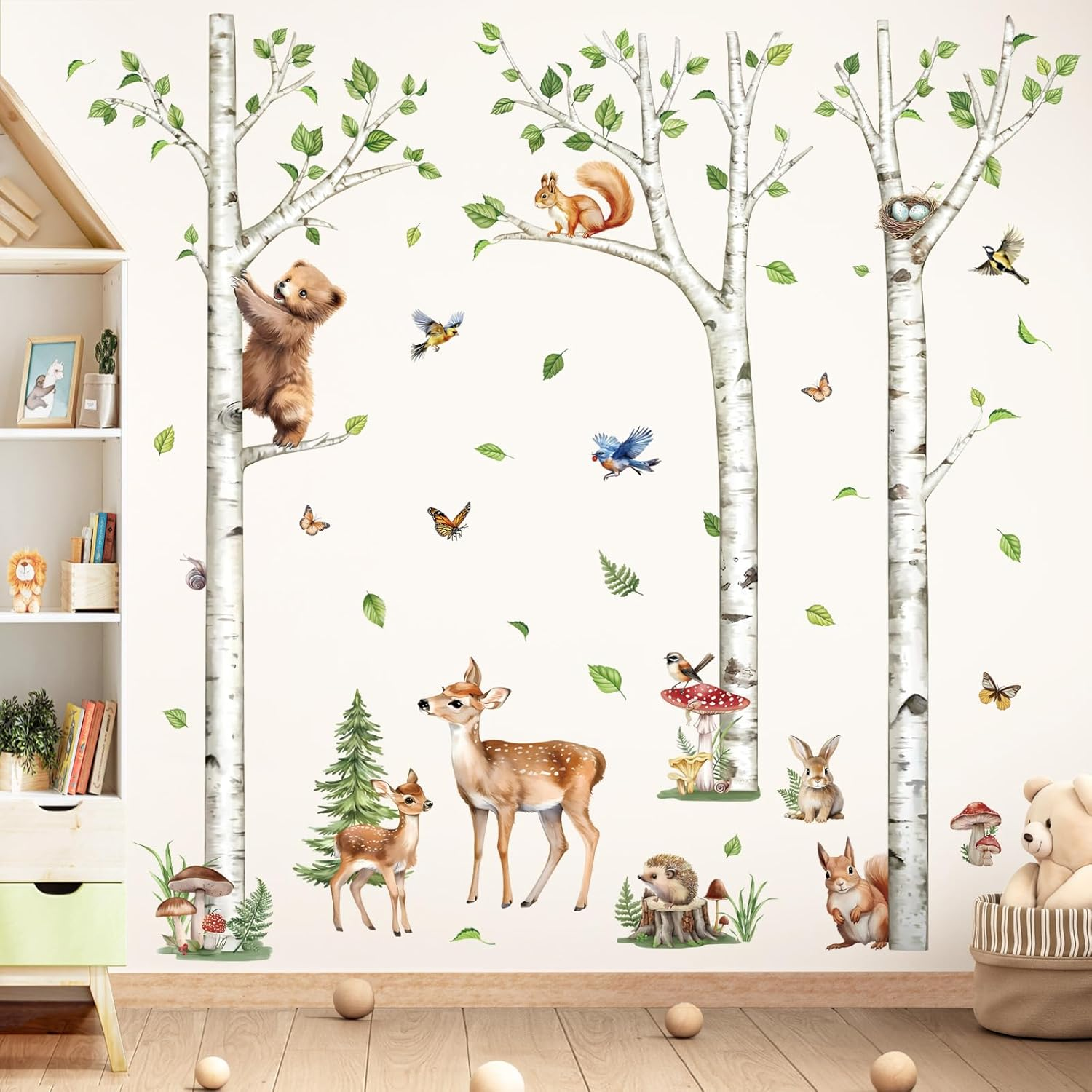 Large White Birch Tree Wall Decals Woodland Animals Bear Deer Rabbit Wall Living