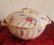 antike Porzellanschale mit Deckel, seltenes Stück, mit Goldrand und Blumendekor