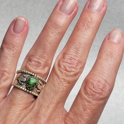 Unique Sonoran Gold Green Turquoise CACTUS 925 Matte Sterling Silver Ring Size 6