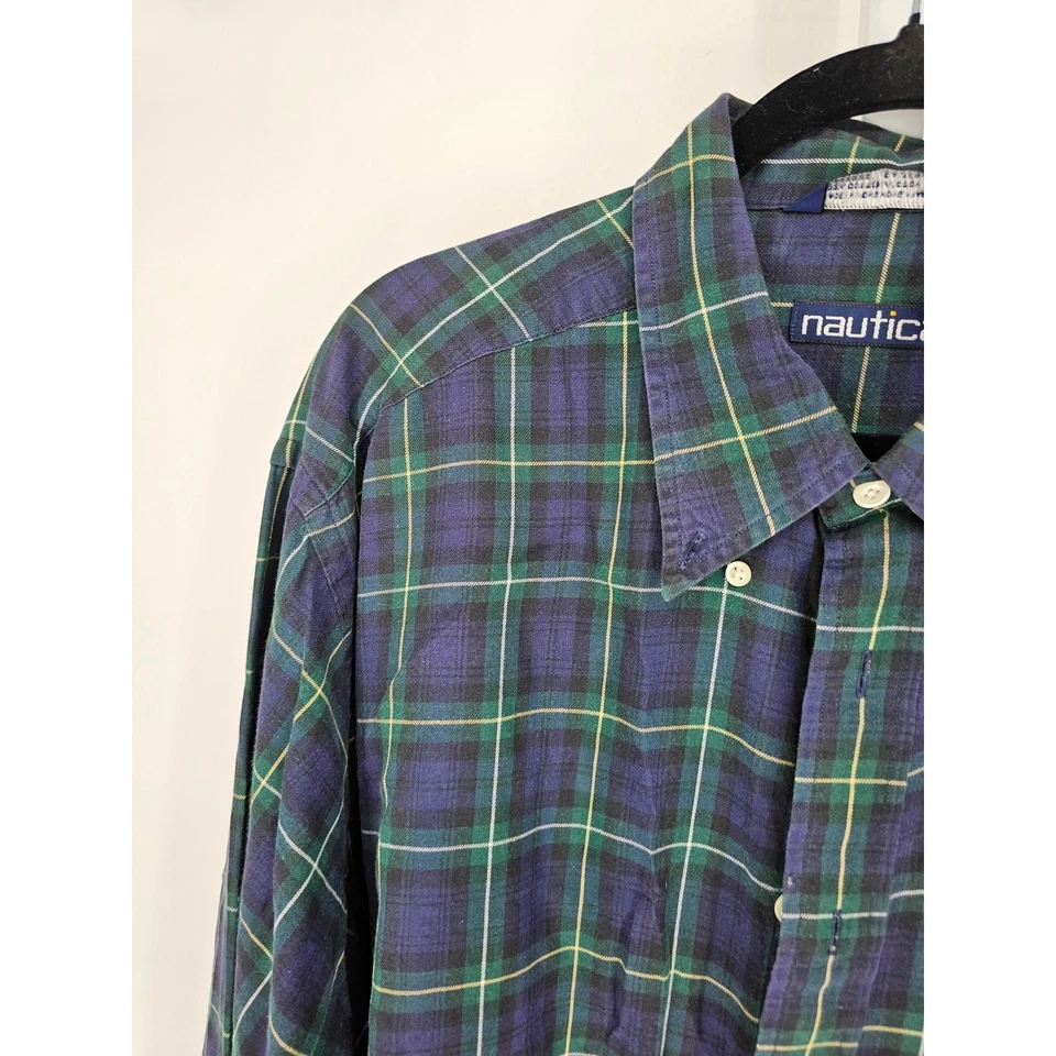 Camisa xadrez masculina vintage náutica tamanho XXL manga longa com botões azul verde 100% algodão - Imagem 2 de 4