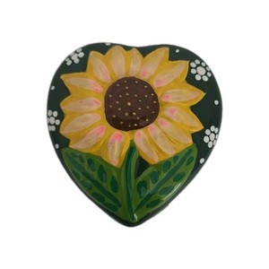 Redware Cute Art Pottery Green Heart Shaped Trinket Box, Sunflower 3.25x3.25"