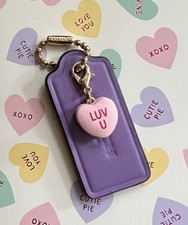 Genuine Coach 2” Violet Leather HangTag with Pink Conversation Heart Charm New