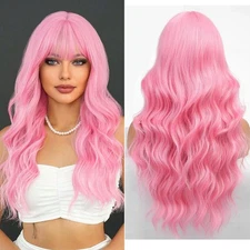 Long Pink Wig with Bangs 26'' Long Wavy Hair for Women Middle Part Wigs Paste...