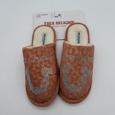 True Religion Women Bedazzled House Slippers Pink SlipOn Size Medium 6 1/2-7 1/2