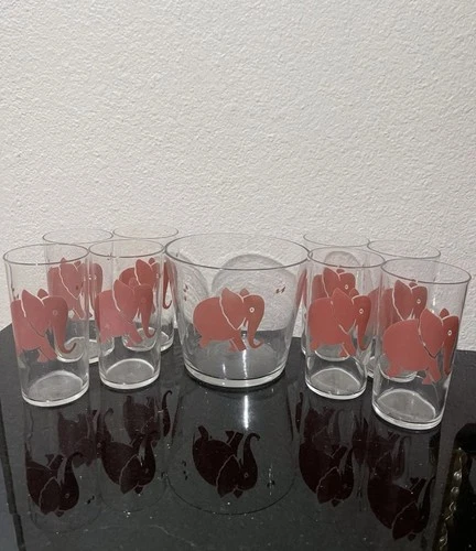 Vintage Federal Glass “Dancing Pink Elephant” Barware   NOSTALGIC