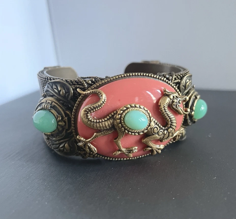 PATRICE Coral Green Color Glass Mesh Dragon Cuff Bracelet - Image 3 of 4
