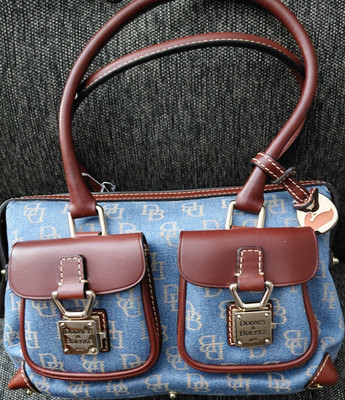 Dooney & Bourke Denim Blue Brown Logo Satchel Bag Charm Gold Hardware