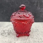 Vintage Jeanette Ruby Red Pressed Glass Harvest Grape Footed Covered Candy Dish