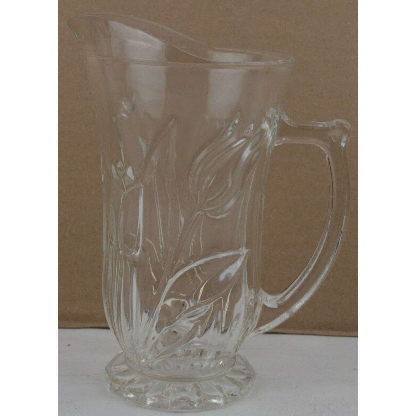 Vintage Clear Glass Pitcher Style Vase Floral Relief 8.5" Decorative