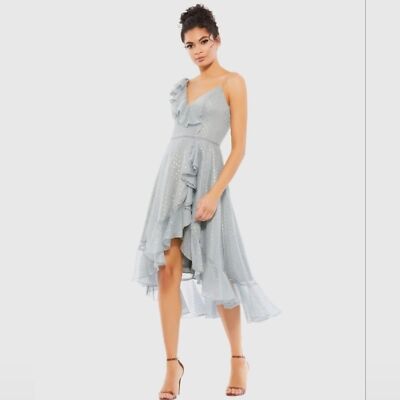NWT Ieena For Mac Duggal Dress 2 Gray Ruffled Faux Wrap Midi Polka Dot Gold