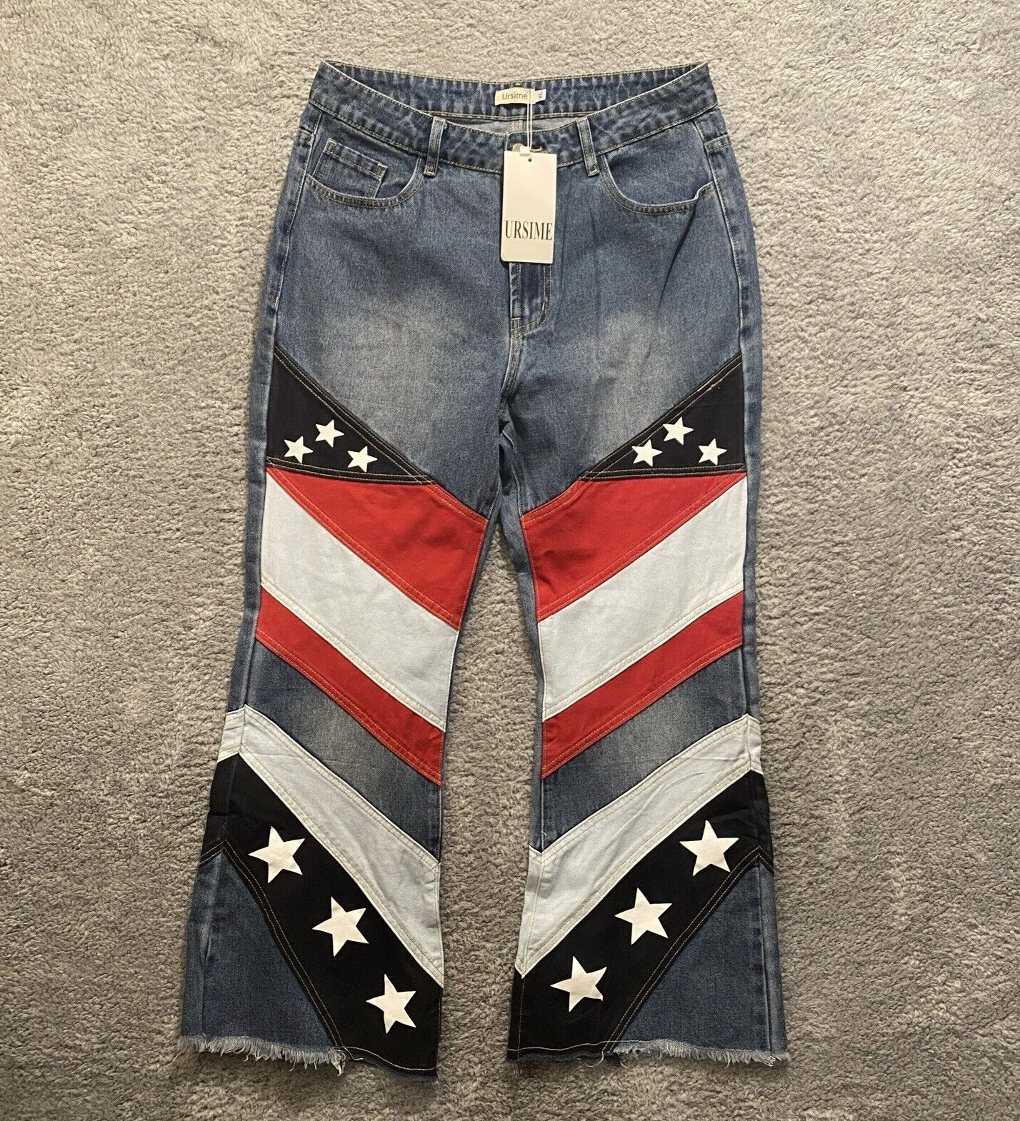 Ursime Jeans Womens XL American Flag Patchwork 32x29 Wide Leg High Rise Frayed