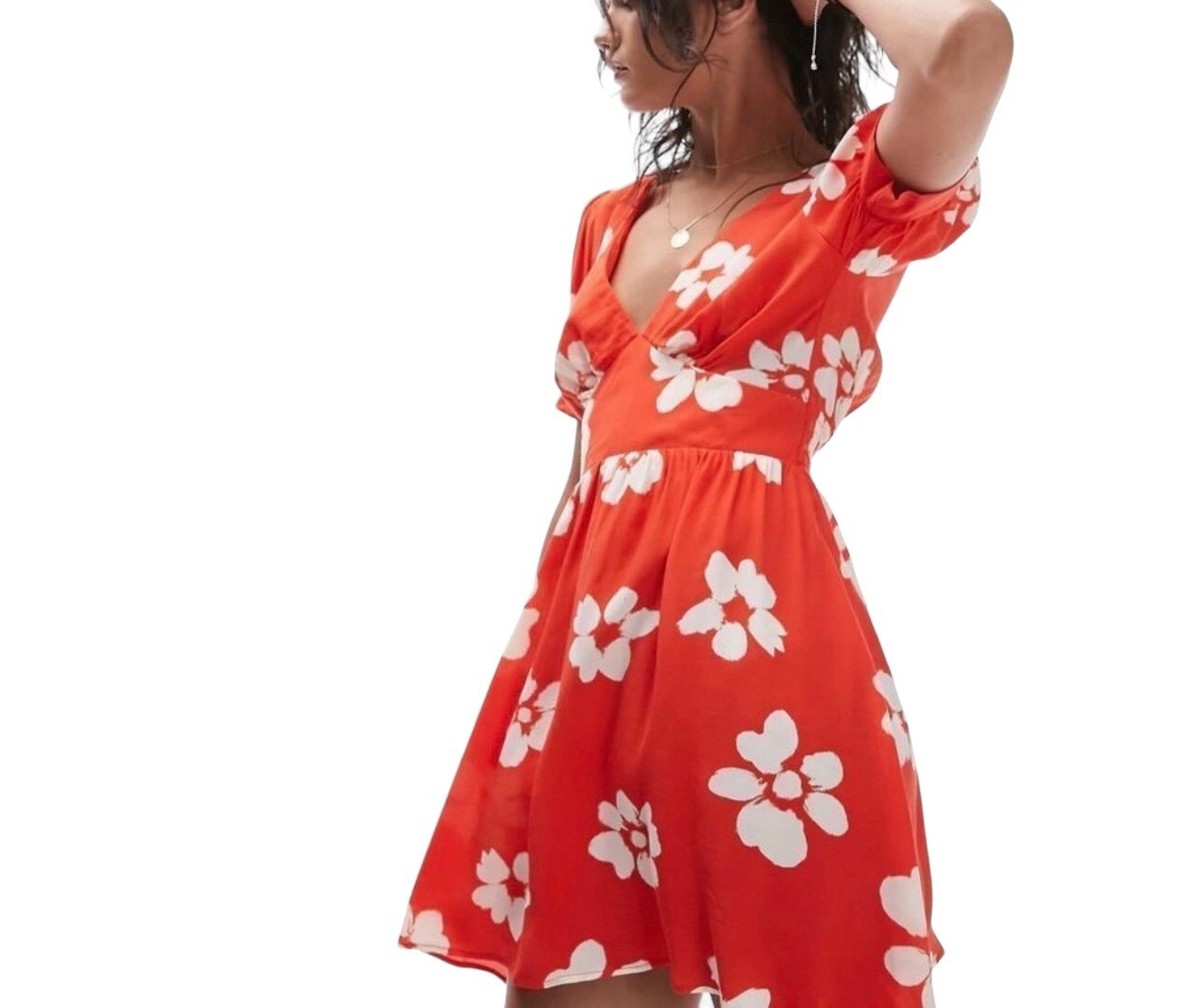 Topshop Orange/White piped V-neck Floral dress Size 8 | eBay