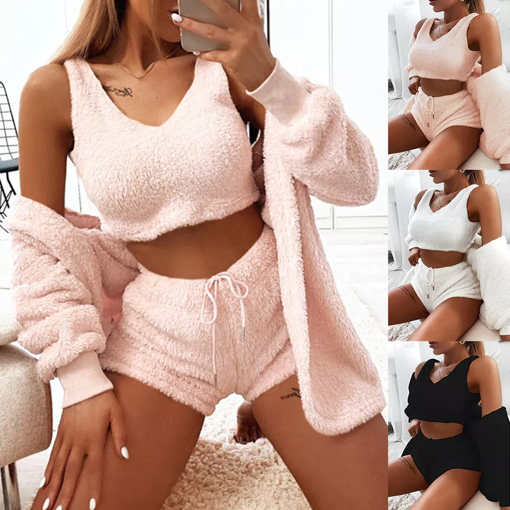 3Pcs Womens Fleece Fluffy Crop Top Vest Shorts Coat Cardigan Loungewear Set  S-XL