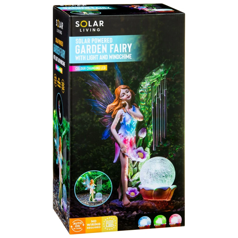 Hada azul de jardín contemporáneo con energía solar con luces LED brillantes y carillón de viento Foto 3 de 4