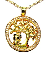 Gold Tone Panda Under Tree Of Life Crystal Pendant 16" Necklace - NWOT (#2684)