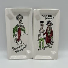 Vtg Japan Ceramic Ashtray Set Of 2 “Mornin Beautiful” And “Any One Home” Funny