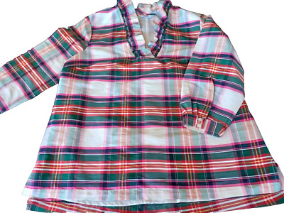 Crown & Ivy Ruffle Collar V Neck Spring Plaid Top Tunic Sz Large J Mcglaughlin E
