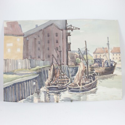 Fred Sawyer Aquarell Gemälde Hafen Werft Szene Boot Schiff um 1950 #19