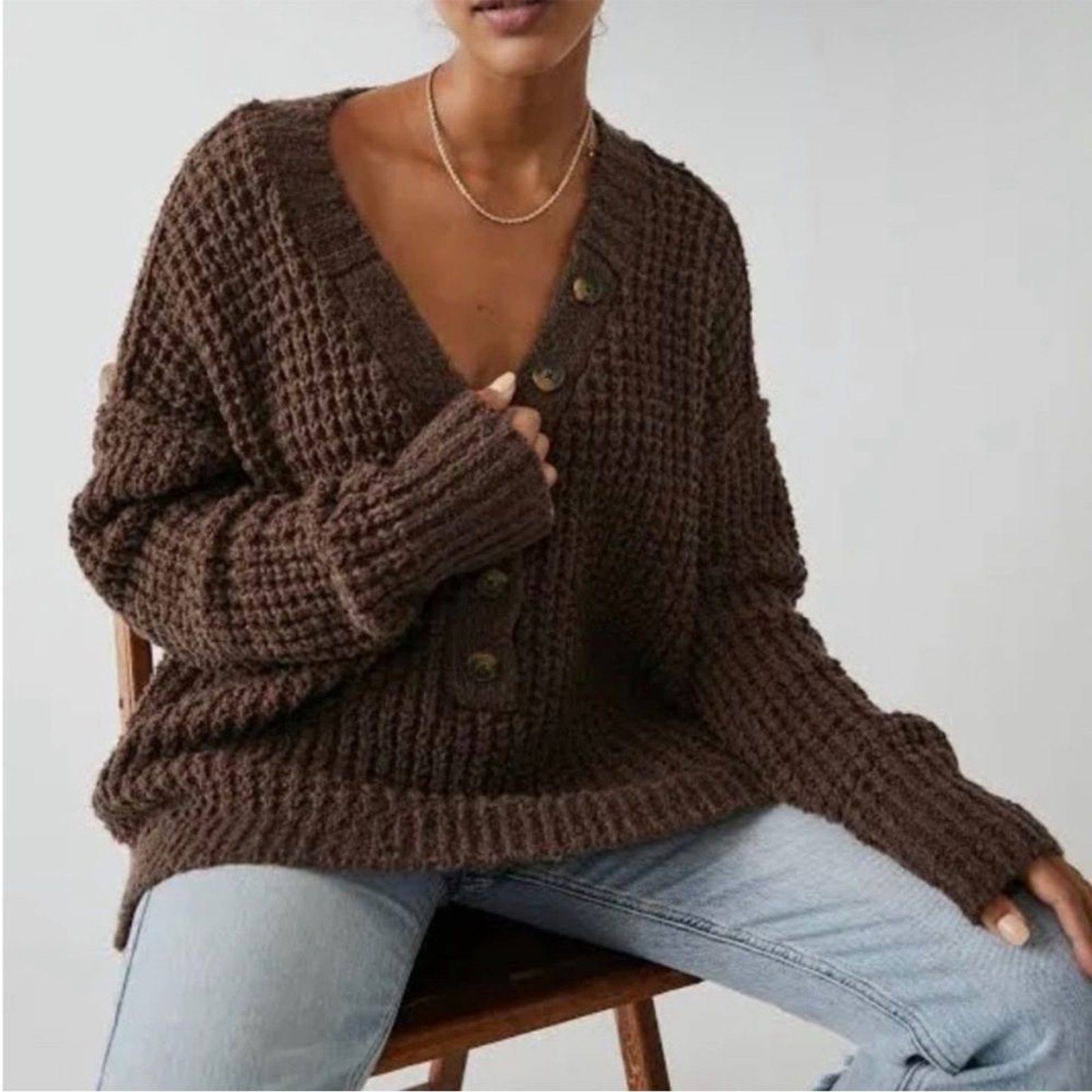 Free People Whistle Thermal Chunky Knit Sweater VNeck Henley Brown XS