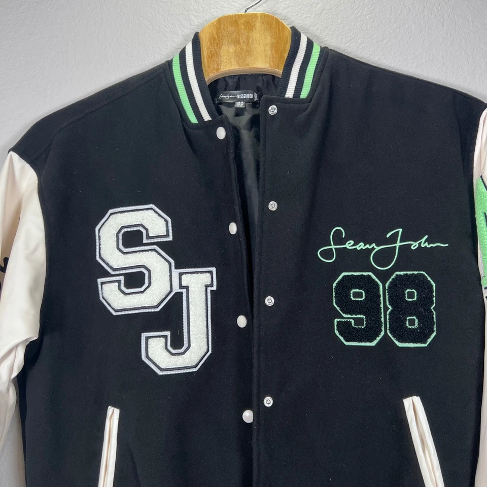 Chaqueta Universitaria Sean John X Missguided Bombardero Snap Completo Negra Verde Blanca EE. UU. 12 Foto 2 de 4