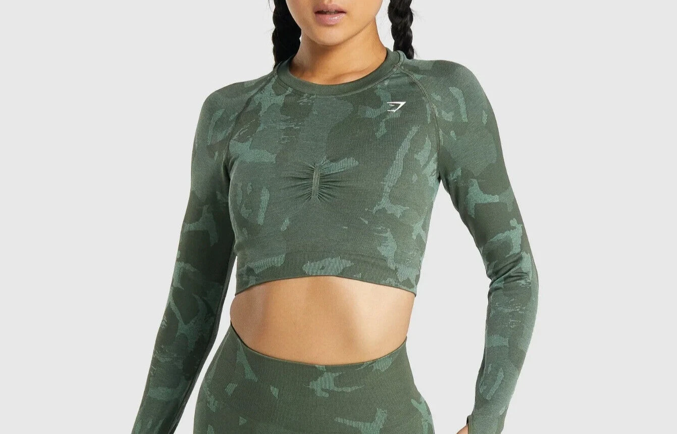 gymshark camo crop long sleeve ruched training stretch knit shirt