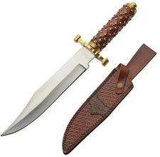 Studded Bowie Fixed-Blade Knife 8" Blade Brown Handle Covered With Beads Sheath