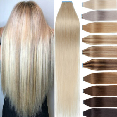 100% Remy indisches Echthaar Tape in Extension Balayage 60 Tressen Glatt 150g+DE