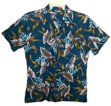 Sz M Hawaii Blues Aloha Shirt Tropical Leaves Teal Blue-Green Multi Cotton