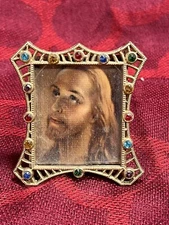 Antique Mini Frame Fan Religious with Color Rhinestones 2" x 2 1/4 Inch - 7299