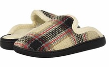 Women s Dearfoams Slippers CREAM PLAID Sherpa Insoles Slip On Sz MEDIUM 7-8 New