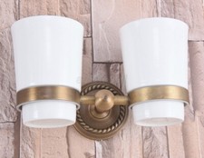 Antique Brass Toothbrush Holder Double Ceramic Cups Holder Wall Mounted aba224