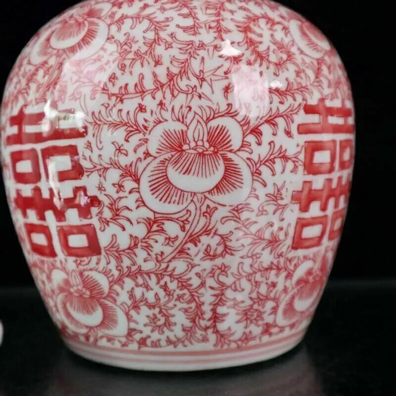 Old Chinese Blue and White Porcelain Double Happiness Pattern Lid Jar Pots Red