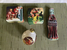 Vntg Set 12 Coca Cola XMas Coasters, 1996 bottle tin with pen, Hallmark ornament