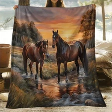 1pc Soft And Cozy Sunset with Horse Warm Scene Pattern Design Printed Blanket