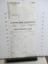 L'Auto Des Vacances rental car 1929 receipt invoice Feuille D'Inventaire Depart