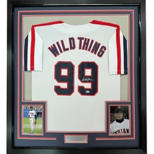 Framed Autographed/Signed Charlie Sheen 33x42 Wild Thing Vaughn Jersey JSA COA