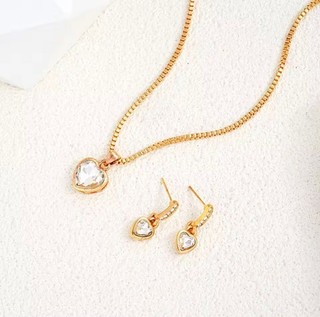 Gold Tone Heart Crystal Necklace Earrings Set Women's Fashion Jewelry Gift