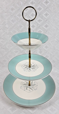 VTG  Homer Laughin ''Cavalier Celeste'' RY308 Aqua & Cream 3-Tiered Serving Dishes