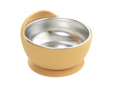 Yellow Silicone Baby Food Bowl Holder, Stainless Steel Bowl, Suction Cup Bottom
