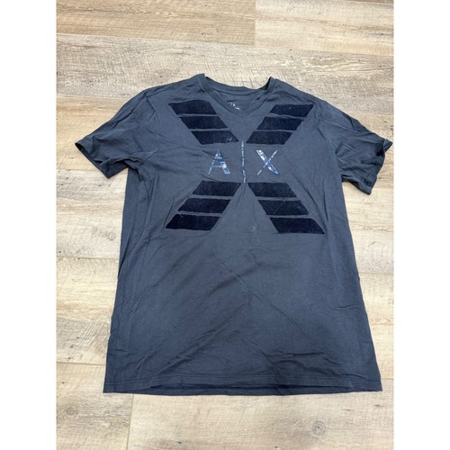 Armani Exchange, Armani Exchange Mens V-Neck Graphic T-Shirt Charcoal Grey Flocked Velvet Logo M