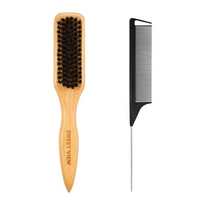 Boar Bristle Slick Back Hair Brush For Smoothing Flyaways Frizz Sleek Ponytail