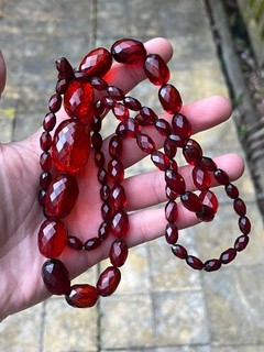 Vintage Phenolic Cherry Amber Bakelite Bead Necklace Faturan 51.5 Gram Facetted