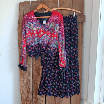 VTG Carole Little Boho Shirt Wide Leg Palazzo Pants Rayon Gauze Womens Sz 8 *A