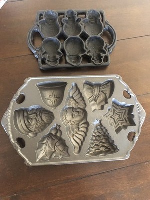 2 John Wright Christmas Baking Mold Pans Cast Iron