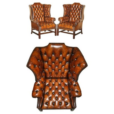 PAAR RESTAURIERTE GEORGISCHE CHESTERFIELD KOMPLETT GETUFTETE OHRENSESSEL MIT H-RAHMEN