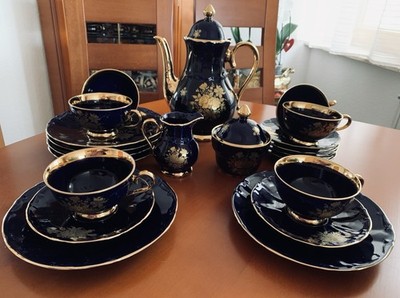 Bayreuther HWL Bavaria Kaffeeservice 6 P. 21 TLG Handvergoldet Echt Cobalt TOP
