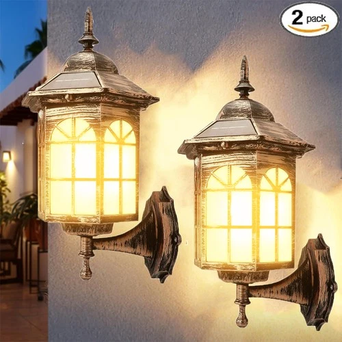 Solar Wall Lantern Lights 2 Pack Outdoor Waterproof LED Dusk to Dawn NEW