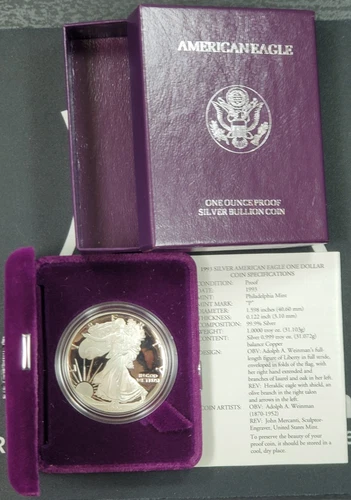 1993 US Proof Silver Eagle - 1 oz .999 Fine Silver Coin BOX & COA