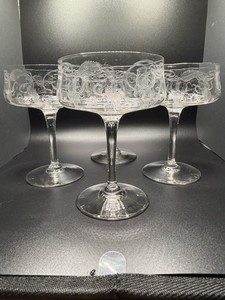Set 4 Cambridge Marjorie Etched Crystal Champagne Coupe Low Sherbet GLOWS! 5”