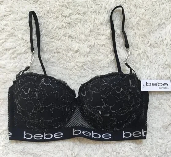 BEBE Lingerie Metallic Laced Floral Bras Logo Push Up Brassiere Chains Blk 38B - Image 3 of 4